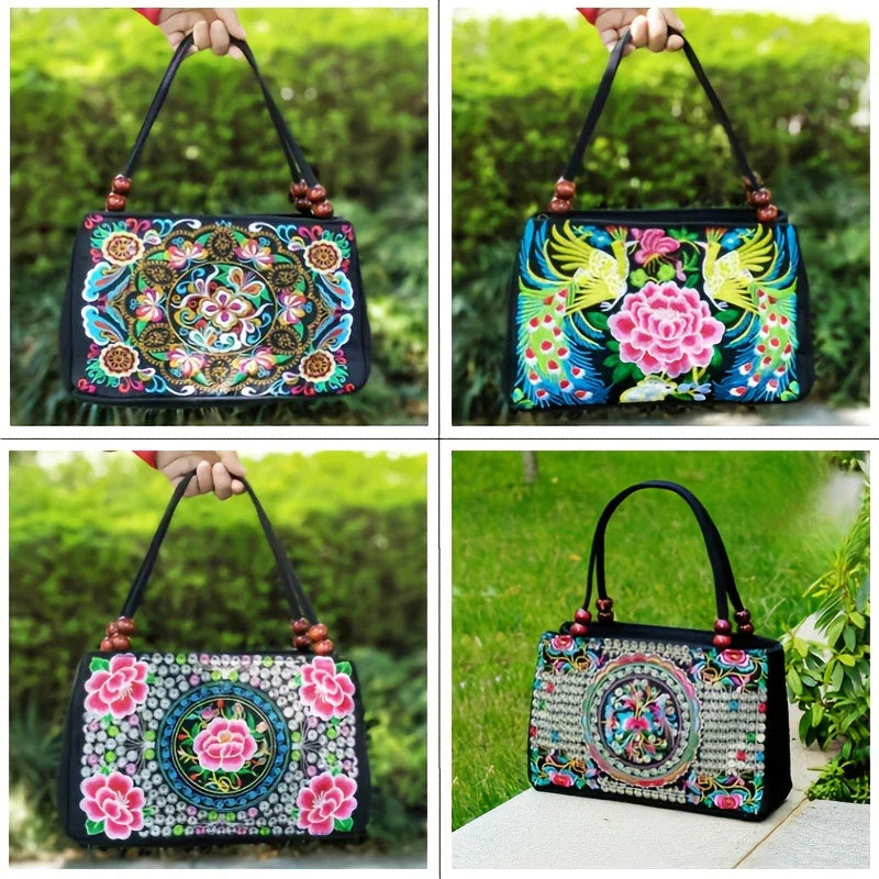 Women's Embroidered Handbag - Double Zipper, Printed Design, Stylish and Spacious