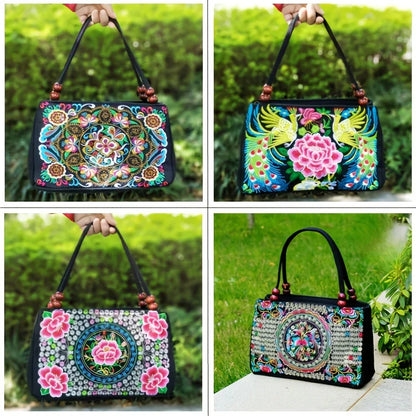 Women's Embroidered Handbag - Double Zipper, Printed Design, Stylish and Spacious
