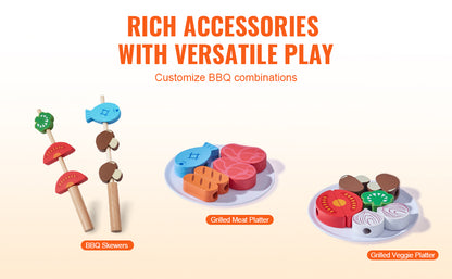 SucceBuy Simulation Kitchen Barbecue Toys Wooden Grill Toy Set Montessori Pretend Play Food BBQ Toy Playset for Kids Girls Gifts
