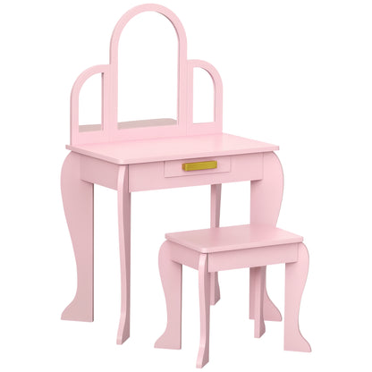 Homcom Children's Dressing Table with Mirror and Stool Children's Dressing Table Makeup Table for Girls from 3 to 6 Years with Drawer Pink