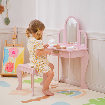 Homcom Children's Dressing Table with Mirror and Stool Children's Dressing Table Makeup Table for Girls from 3 to 6 Years with Drawer Pink