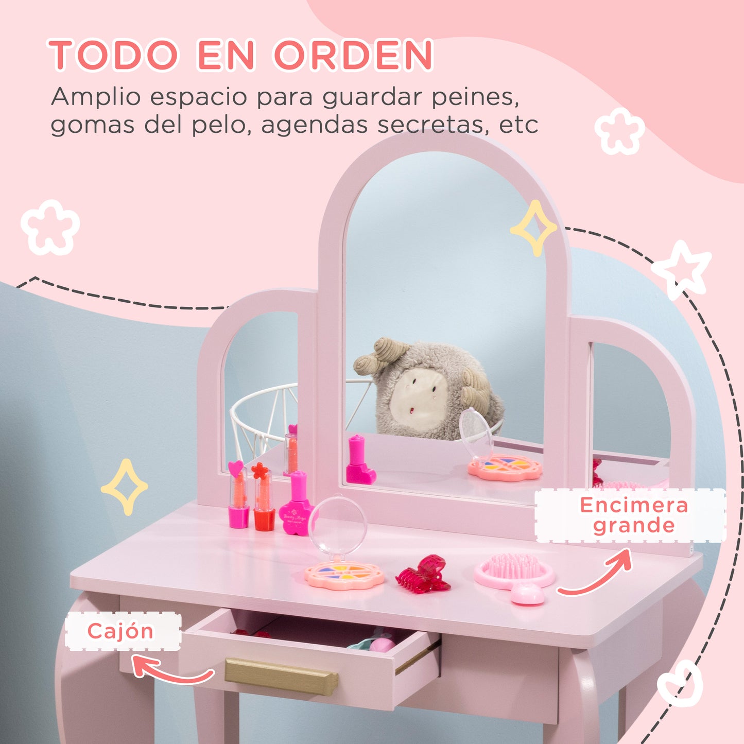 Homcom Children's Dressing Table with Mirror and Stool Children's Dressing Table Makeup Table for Girls from 3 to 6 Years with Drawer Pink