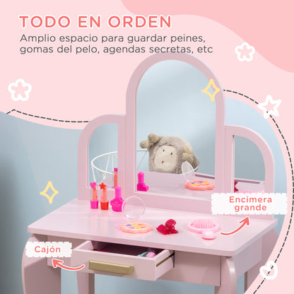 Homcom Children's Dressing Table with Mirror and Stool Children's Dressing Table Makeup Table for Girls from 3 to 6 Years with Drawer Pink