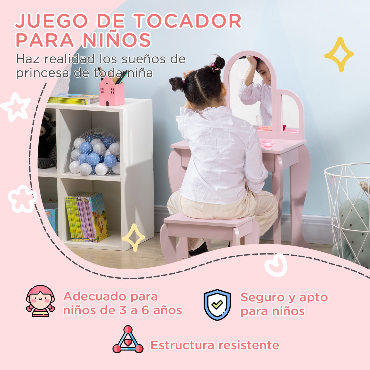 Homcom Children's Dressing Table with Mirror and Stool Children's Dressing Table Makeup Table for Girls from 3 to 6 Years with Drawer Pink