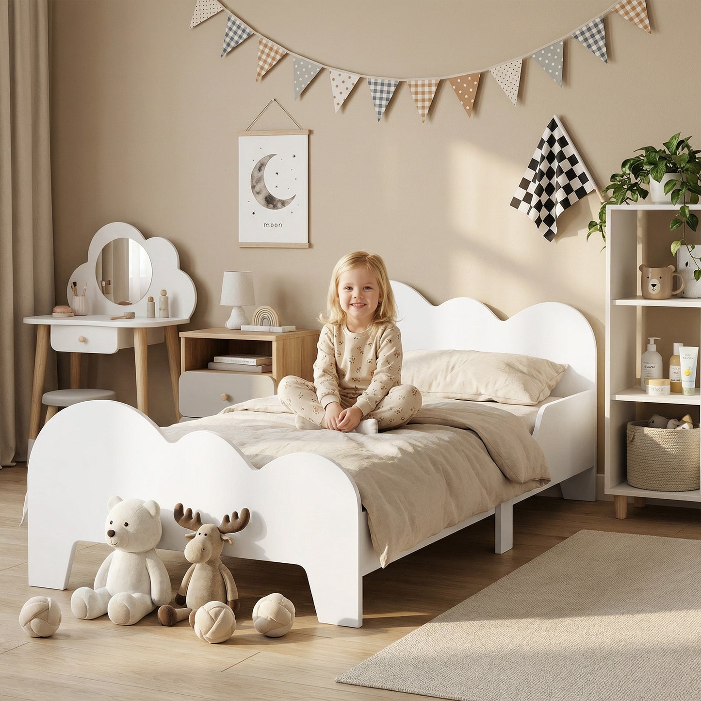 Aiyaplay Bed for Children +3 Years Old 140X70 cm Children's Bed Frame Cloud Theme with Guardrail for Bedroom White