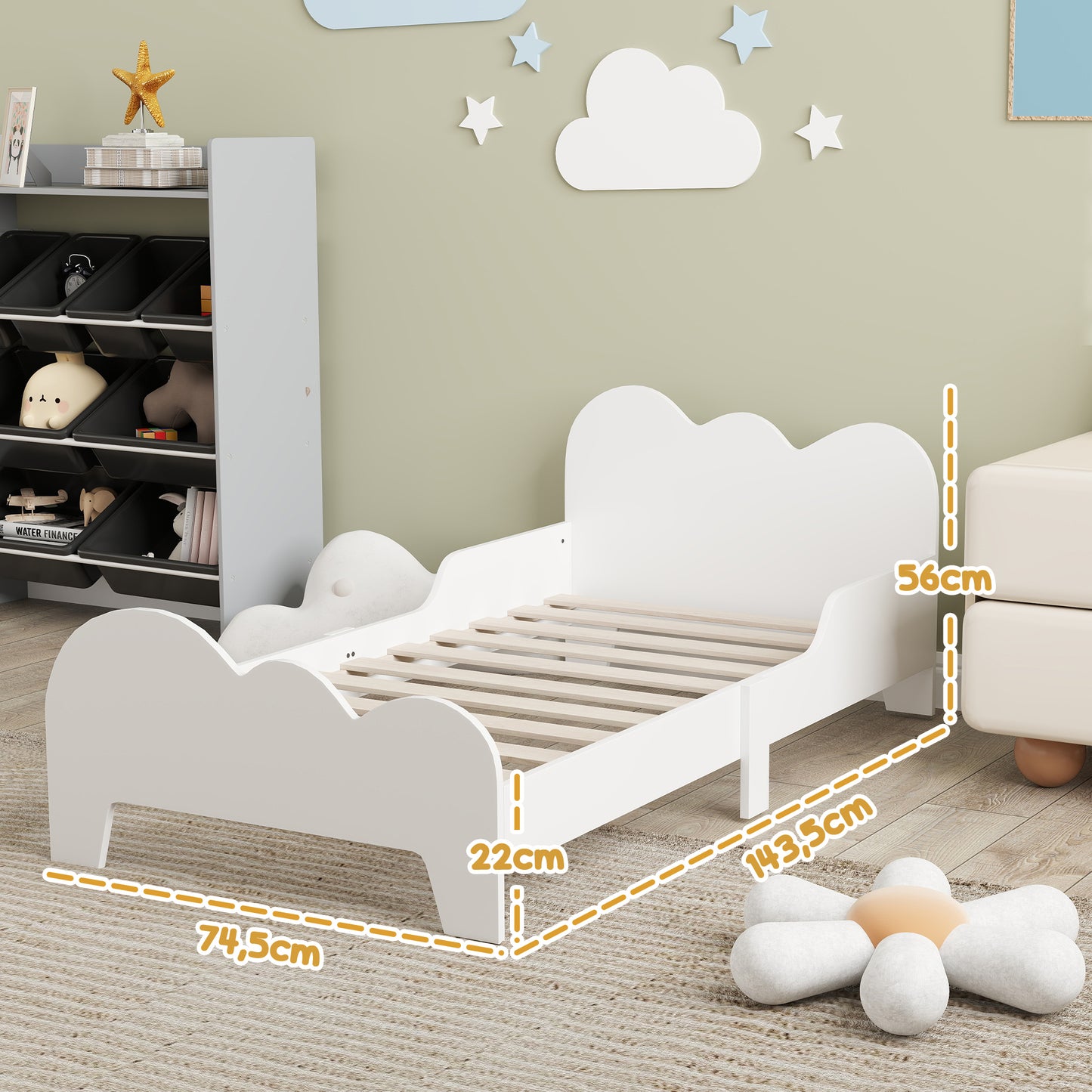 Aiyaplay Bed for Children +3 Years Old 140X70 cm Children's Bed Frame Cloud Theme with Guardrail for Bedroom White