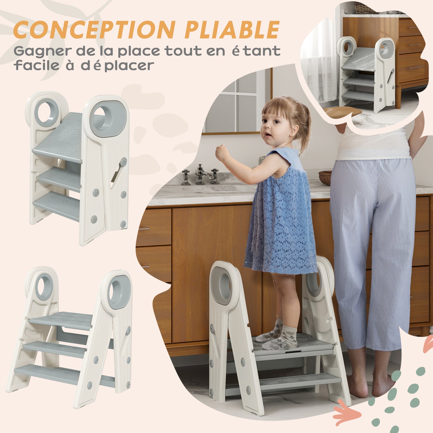 AIYAPLAY foot walking for child 3 steps, kitchen step for child, foldable, adjustable height, with handles, surfac