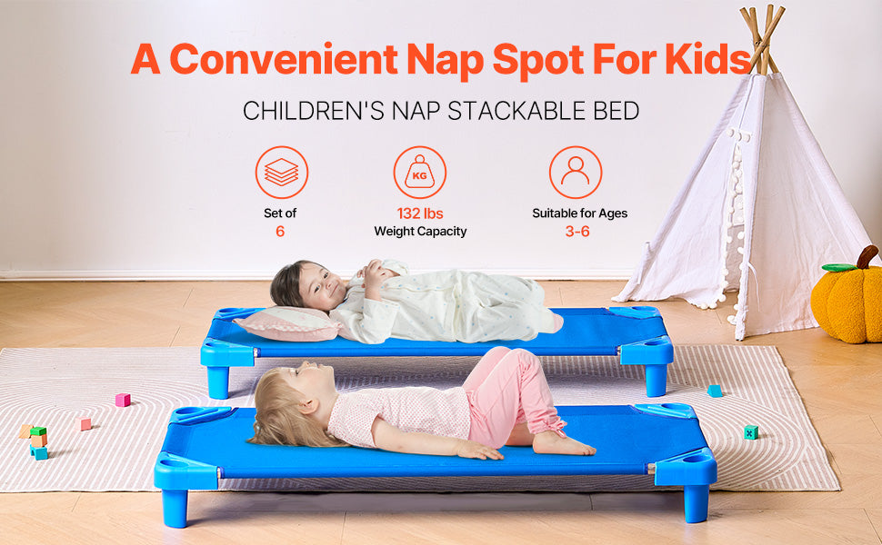 VEVOR Stackable Kiddie Cot Pack of 4/6 Portable Toddler Nap Cots for Kids Preschool Classroom Daycare Beds for Sleeping Resting