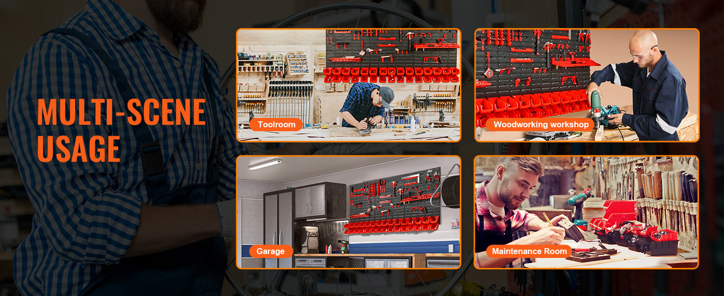 SucceBuy Wall Mounted Storage Bins 30/48Bin Parts Rack Organizer Garage with Wall Panels Hooks Plastic Shop Tool for Screw Nails